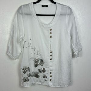 Cherishh Linen Floral Decorative Buttons Top Blouse In White Size M